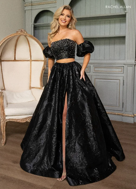 Geometric Long Sleeve Evening Dress-Jacquard 2-Piece Puff Sleeve Gown by Rachel Allan 70707