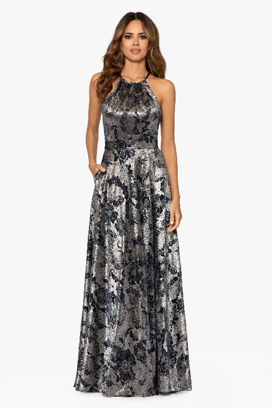 Blue Winter Maxi Dresses-"Layla" Long Halter Top Wrap Foil Print Dress