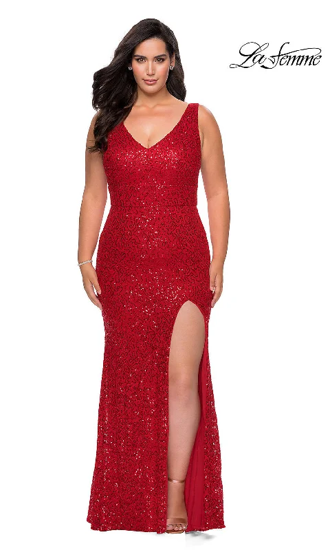 Geometric Formal Maxi Dresses-La Femme Sequin-Lace Long Plus-Size Formal Dress