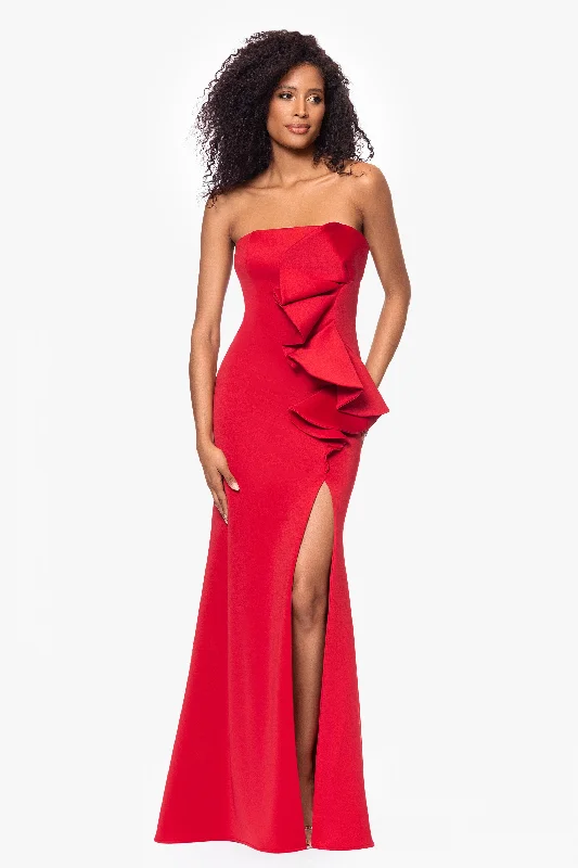 Silk Party Maxi Dresses-"Fiona" Long Strapless Scuba Ruffle Dress