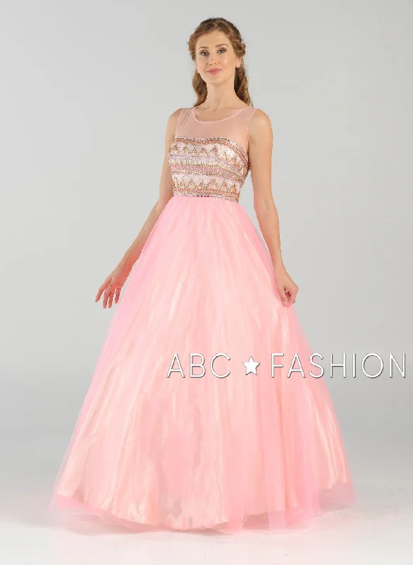 Lace V Neck Evening Dress-Long A-line Ball Gown with Beaded Illusion Bodice by Poly USA 7726