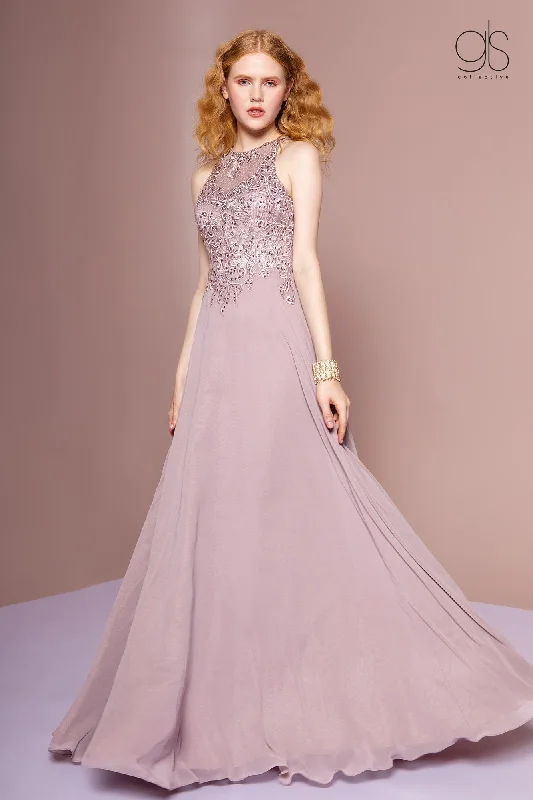 Formal V Neck Evening Dress-Long Embroidered A-line Dress by Elizabeth K GL2680