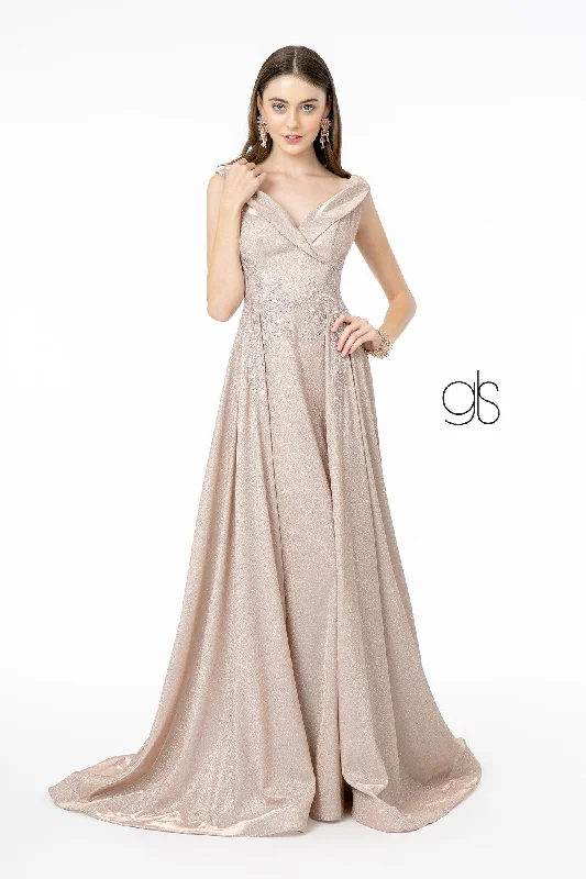 Beaded Ruffle Evening Dress-Long Cap Sleeve Metallic Dress by Elizabeth K GL1817