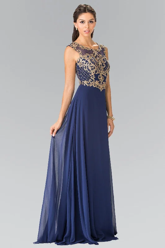 Geometric Cheap Evening Dress-Long Sleeveless Dress with Gold Applique by Elizabeth K GL2316