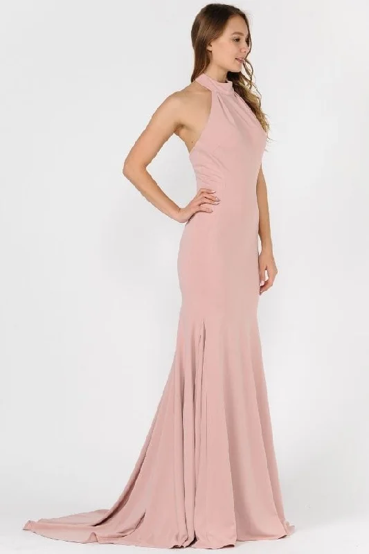 Velvet One Shoulder Evening Dress-Long High-Neck Mermaid Dress with Train by Poly USA 8252