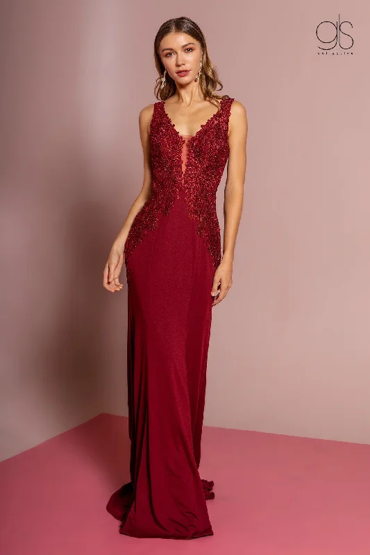 Satin High Neck Evening Dress-Long V-Neck Dress with Embroidered Bodice by Elizabeth K GL2614