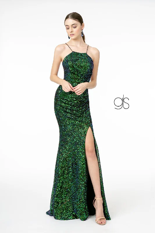 Floral Sequin Evening Dress-Long Iridescent Sequin Dress with Side Slit by Elizabeth K GL1812