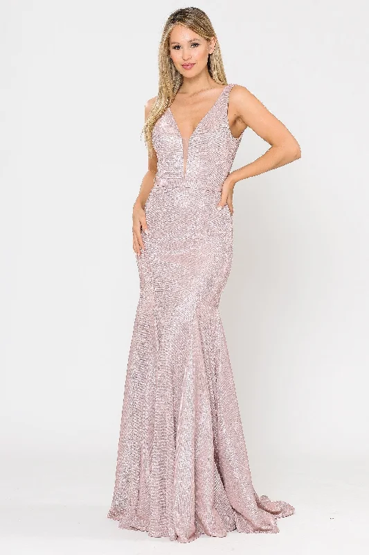 Halter Pink Evening Dress-Long Metallic Glitter Mermaid Dress by Poly USA 8704