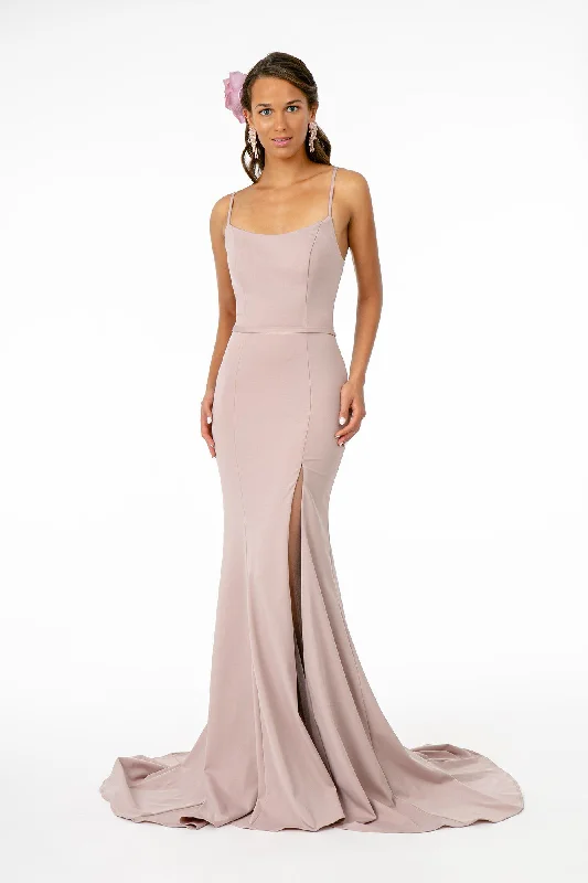 Green Sequin Evening Dress-Long Square Neck Jersey Dress with Side Slit by Elizabeth K GL2670