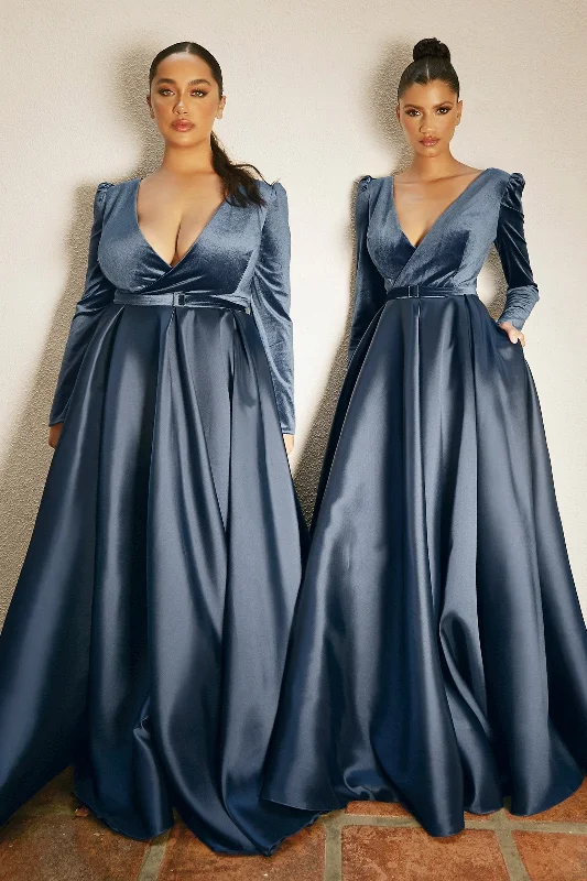 Navy Party Evening Dress-Long Sleeve Velvet Gown by Cinderella Divine CD226