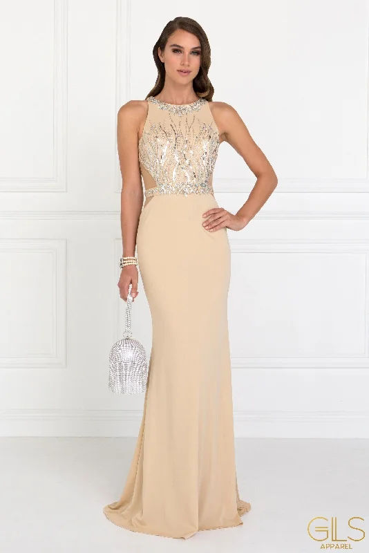 Satin Yellow Evening Dress-Long Beaded Sleeveless Dress with Sheer Sides by Elizabeth K GL2294