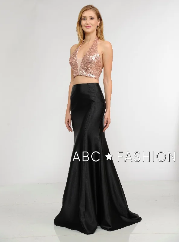 Lace Evening Dress-Long Two-Piece Dress with Sequin Crop Top by Poly USA 8294