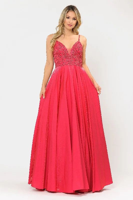 Party High Neck Evening Dress-Long V-Neck Dress with Embroidered Bodice by Poly USA 8576