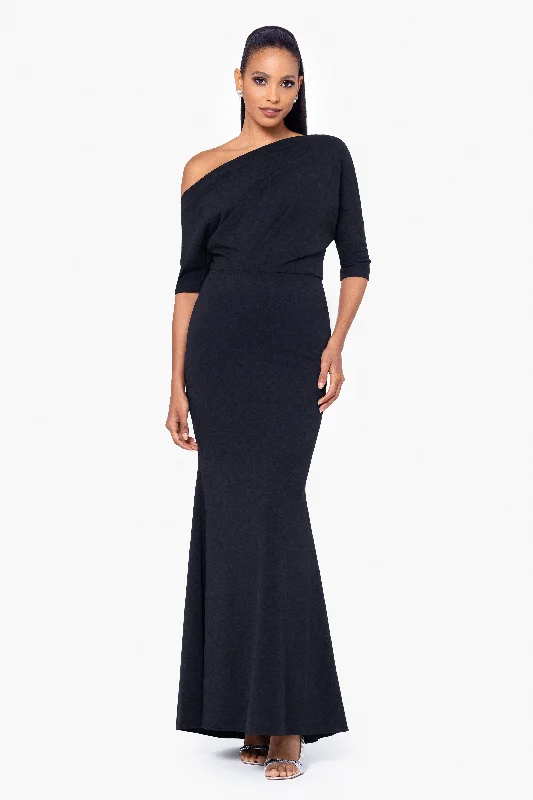 Satin Formal Maxi Dresses-"Madeline" Long Scuba Crepe Off the Shoulder Drop Dress