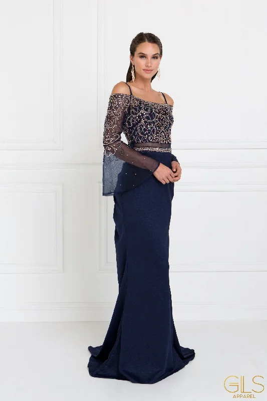 Party Polka Dot Evening Dress-Navy Blue Long Beaded Cold Shoulder Dress by Elizabeth K GL1500