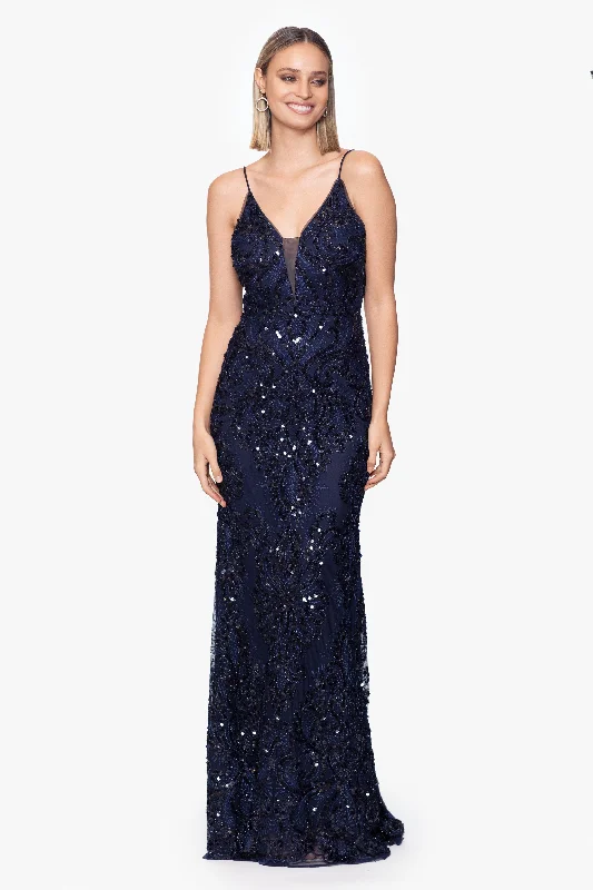 Maternity Sequin Maxi Dresses-"Nina" Long Sequin Illusion V-Neck Dress