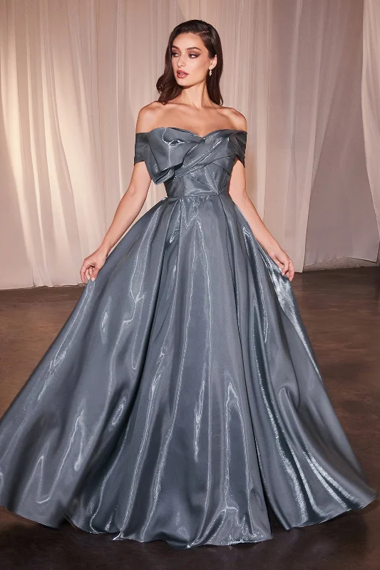 Petite Navy Evening Dress-Organza Off Shoulder A-line Gown by Ladivine CD801