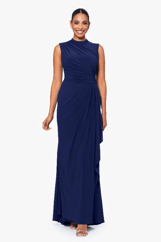 Blue Party Maxi Dresses-"Patricia" Long Jersey Knit Ruffle Sleeveless Dress