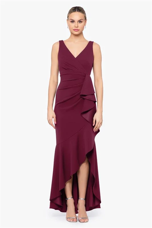 Sleeveless Maxi Dresses-Petite "Candace" Long V- Neck Hi Low Cascade Dress