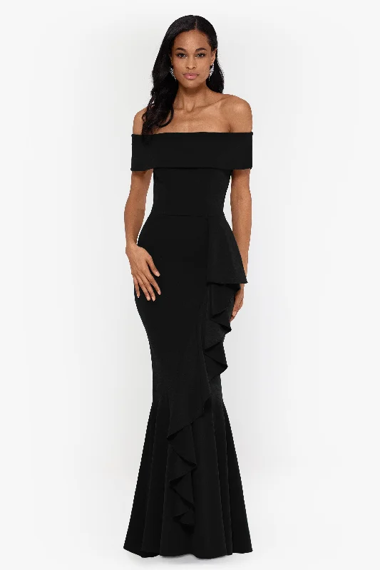 Lace Off Shoulder Maxi Dresses-Petite "Carina" Long Off the Shoulder Ruffle Dress