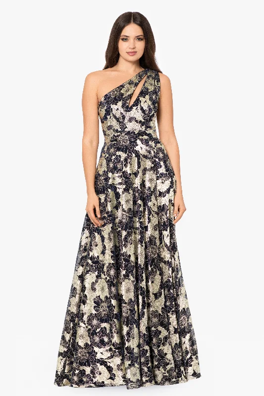 One Shoulder Green Maxi Dresses-Petite "Gwen" Long One Shoulder Wrap Foil Flower Dress