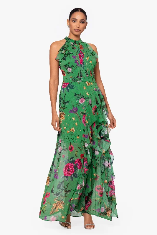 Women Casual Maxi Dresses-Petite "Sandy" Long Chiffon Floral Ruffle Dress