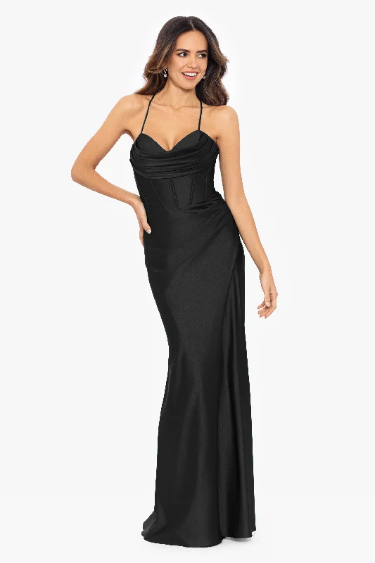 Date Maxi Dresses-Petite "Talia" Long Sateen Corset Lace Up Back Dress