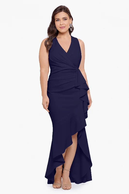 Women Casual Maxi Dresses-Plus "Candace" Long V- Neck Hi Low Cascade Dress