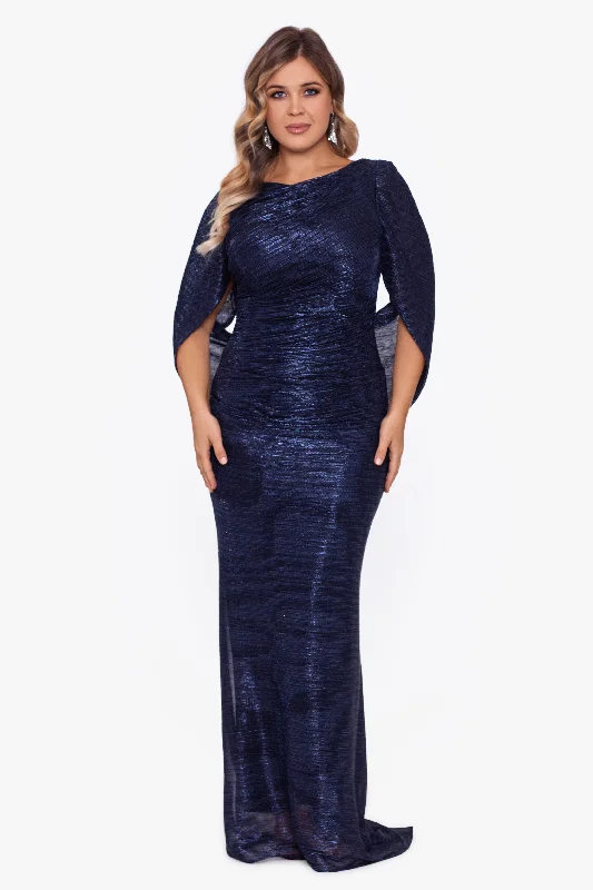 Winter Blue Maxi Dresses-Plus "Elaine" Metallic Crinkle Long Dress