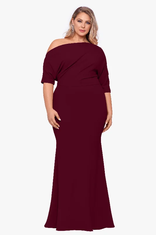 Cheap Club Maxi Dresses-Plus "Madeline" Long Scuba Crepe Off the Shoulder Drop Dress