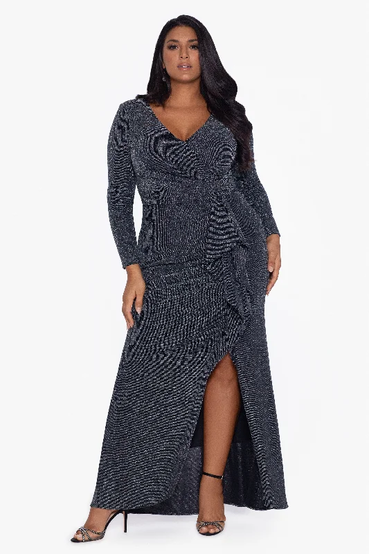 High Neck Club Maxi Dresses-Plus "Rhonda" V-Neck Metallic Knit Long Dress