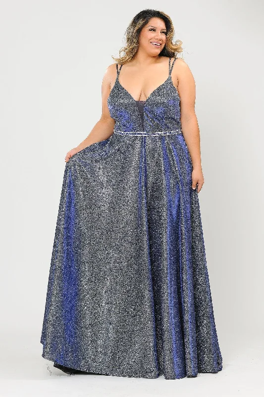 Boho Strapless Evening Dress-Plus Size Long V-Neck Metallic Glitter Dress by Poly USA W1048