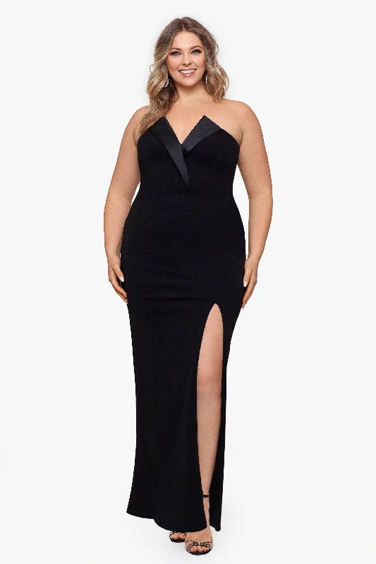 Sexy Date Maxi Dresses-Plus "Violette" Long Strapless V Neck Tuxedo Dress