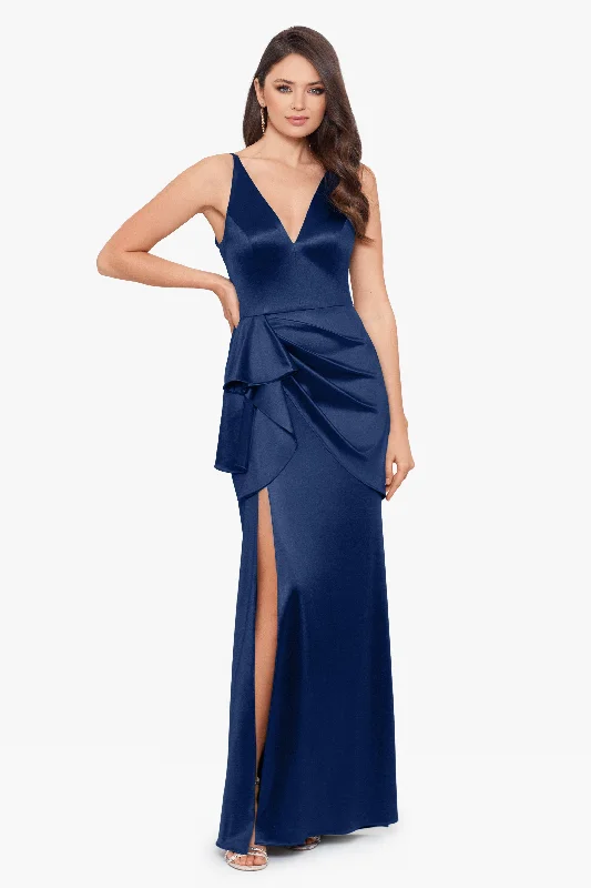 Long Sleeve Winter Maxi Dresses-"Robin" Long Satin V-Neck Ruffle Dress