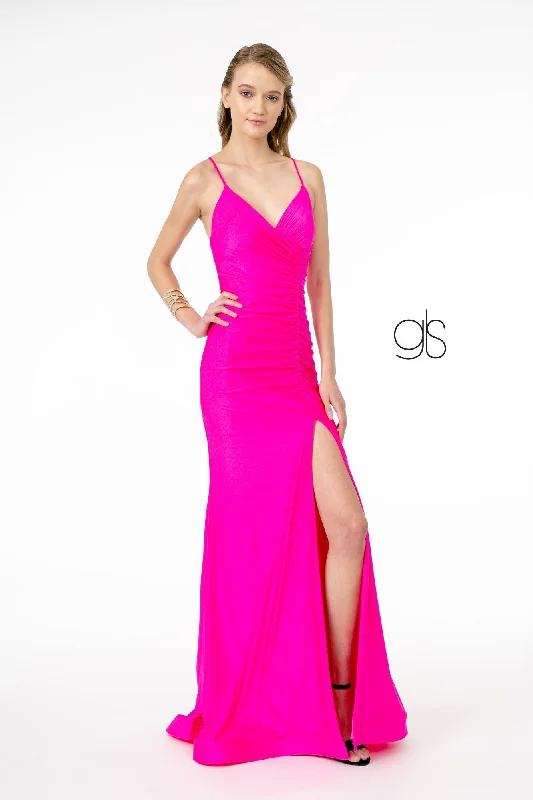 Chiffon Backless Evening Dress-Ruched Long V-Neck Dress with Corset Back by Elizabeth K GL1816