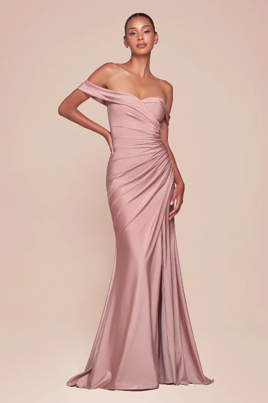 Chiffon Tie Dye Evening Dress-Satin Fitted Off Shoulder Slit Gown by Ladivine CD790 - Outlet