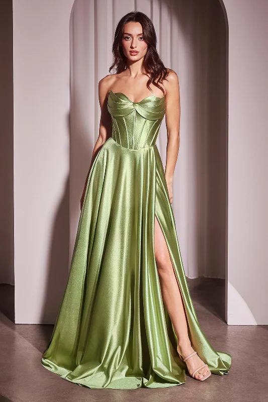 Formal Designer Evening Dress-Satin Strapless A-line Slit Gown by Ladivine CD378