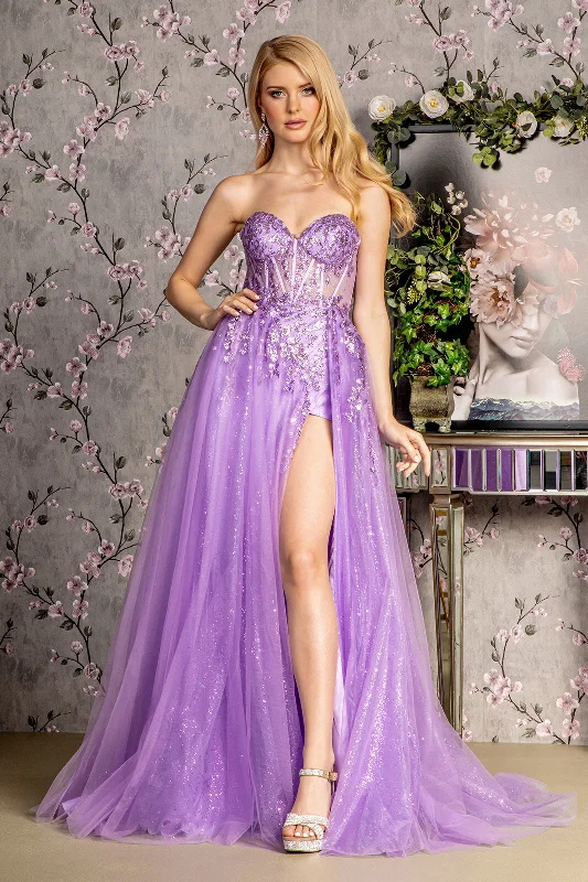 Silk Prom Evening Dress-Sequin Applique Strapless A-line Slit Gown by GLS Gloria GL3209