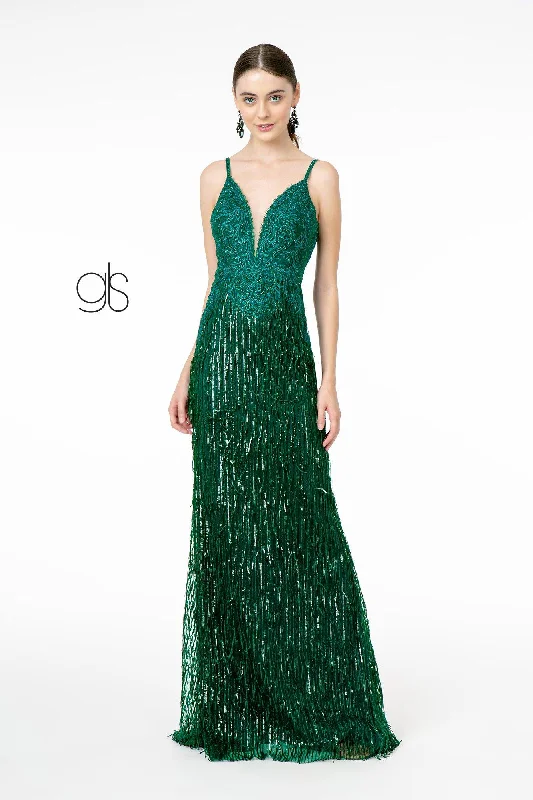 Velvet One Shoulder Evening Dress-Sequin Fringed V-Neck Mermaid Dress by Elizabeth K GL1824