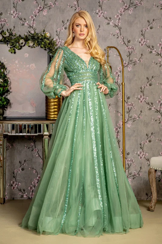 Green Sequin Evening Dress-Sequin Long Sleeve A-line Mesh Gown by GLS Gloria GL3495