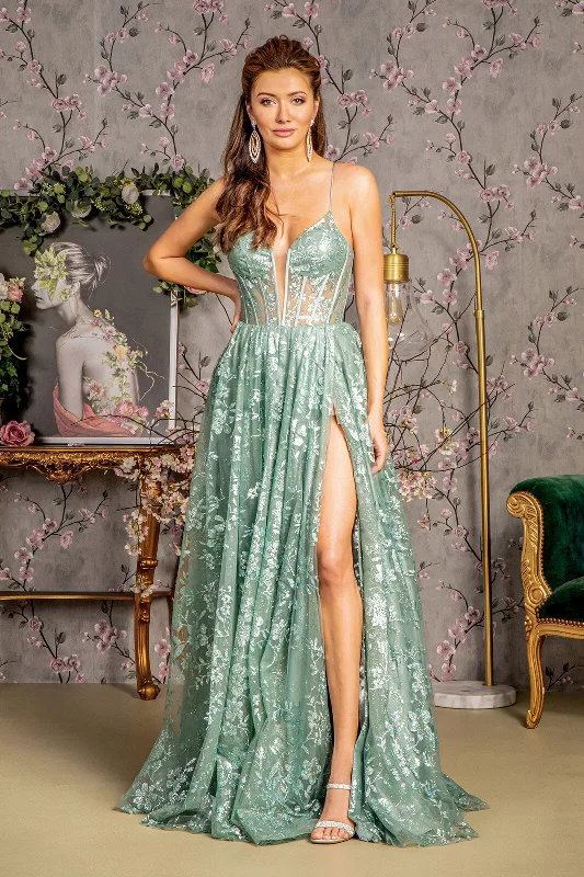 Teens Silver Evening Dress-Sequin Print Sleeveless A-line Slit Gown by GLS Gloria GL3254