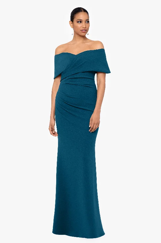 Petite Blue Maxi Dresses-"Tanya" Long Off The Shoulder Scuba Crepe Dress