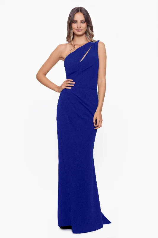 V Neck Formal Maxi Dresses-"True" Long One Shoulder Side Ruche Dress