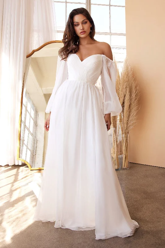 Cheap Sleeveless Evening Dress-White Long Sleeve Chiffon Gown by Cinderella Divine CD243W - Outlet