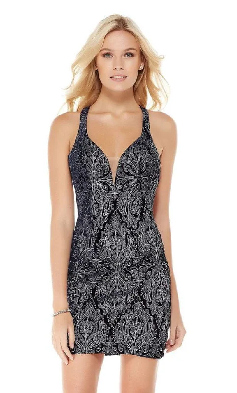 Halter Pink Cocktail Dress-Alyce Paris - 4041 Velvet Deep V-neck Sheath Cocktail Dress - 1 pc Navy/Silver In Size 00 Available