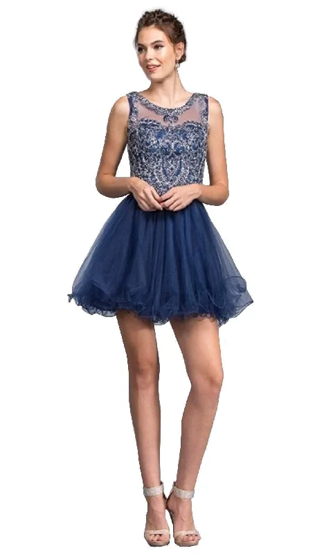 Teens Sleeveless Cocktail Dress-Aspeed Design - Beaded Illusion Jewel Homecoming A-line Dress