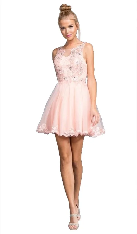 Ruffle Mini Cocktail Dress-Aspeed Design - Floral Applique A-line Homecoming Dress