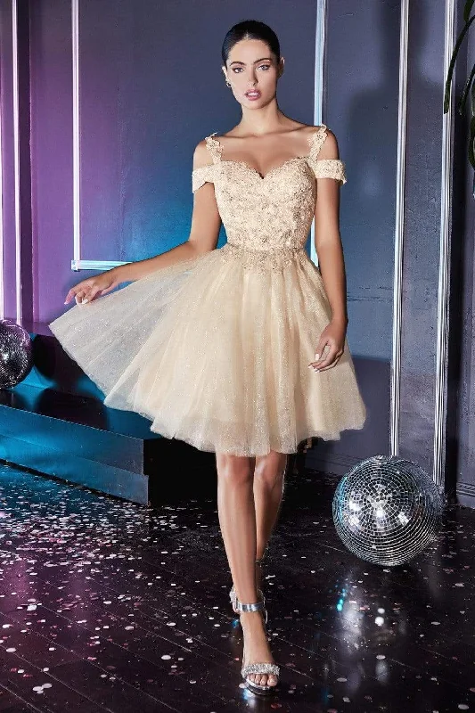 Sexy Off Shoulder Cocktail Dress-Cinderella Divine - CD0132 Cold Shoulder Lace and Glitter Tulle Cocktail Dress