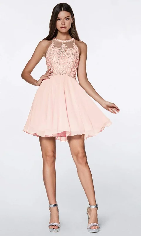 Cinderella Divine - CD0141 Beaded Lace Halter Neck Chiffon Cocktail Dress - 1 pc Blush In Size XS and 1 pc Champagne In Size M Available