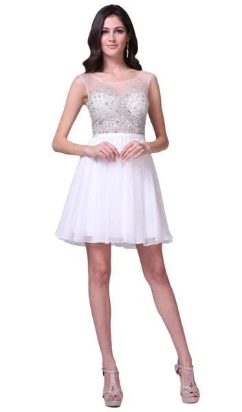 Cinderella Divine - CJ90S Sheer Illusion Neckline Beaded Chiffon Cocktail Dress - 1 pc Off White In Size 8 Available